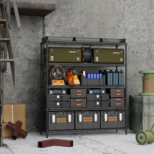 5 Tiers Storage Shelves Load 3300LBS, Metal Shelving Wire Metal Shelving Unit Shelves for Storage Adjustable Garage Shelving for Pantry Kitchen Garage Black 17.7" D x 59.1" W x 70.4" H