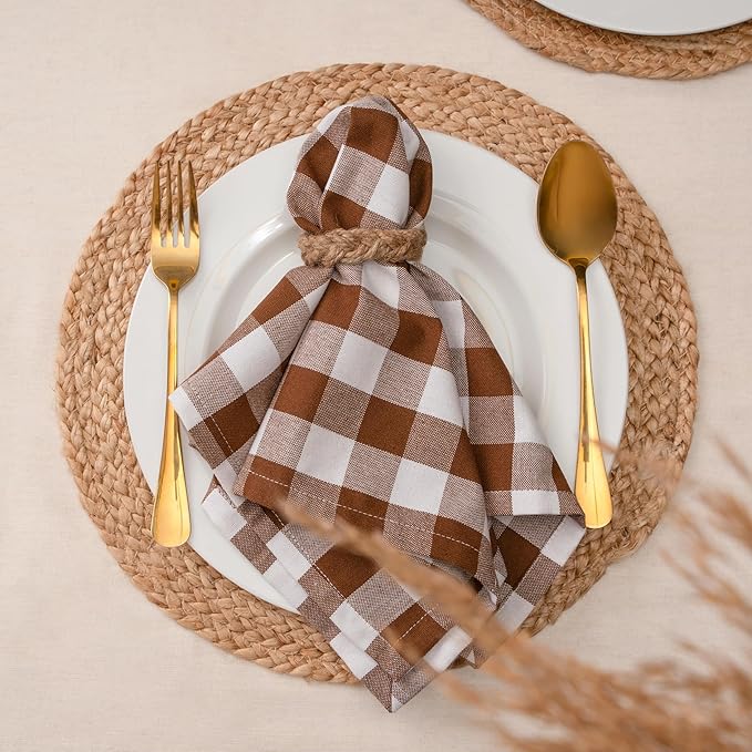 Blue Needles Gingham Buffalo Plaid Cloth Napkins 100% Cotton Set of 12 Dinner Table Napkins 18x18 inch Soft, Reusable, Washable, Ideal for Wedding Parties & Everyday Use - Nut Brown & White