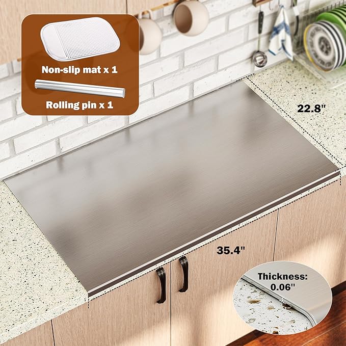 ISXACFF Large Cutting Board 35.4" L X 22.8" W Stainless Steel Cutting Board with Lip Metal Baking Board Non Stick Thick Board with Rolling Pin for Meat Fruits Vegetables Bread and Baking