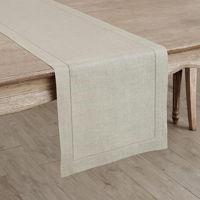 Solino Home Linen Natural Table Runner 132 Inches Long - 100% Pure Linen Extra Long Table Runner 14 x 132 Inch for Spring, Easter - Classic Hemstitch