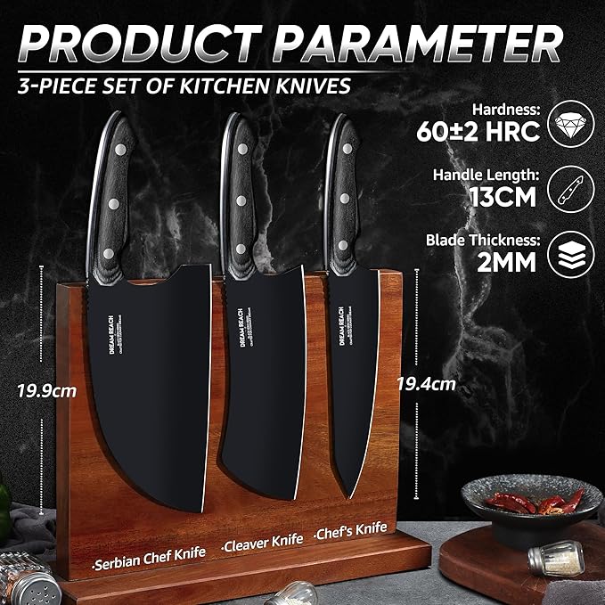 Dream Reach Butcher Knife Set - 3PCS Black Cleaver Knives Kit for Meat Cutting BBQ Outdoor Hand Forged Serbian Chef Cleaver for Mother Father Gift Idea