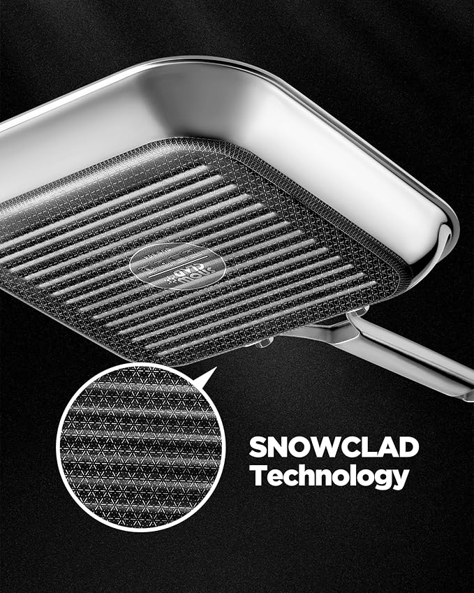 SNOWCLAD Nonstick Grill Pan,12 Inch Square Steak Grilling Pan for Indoor Cooking & Outdoor Grilling, Non Stick Stainless Steel Grill Skillet Steak Pan, PFOA Free cookware