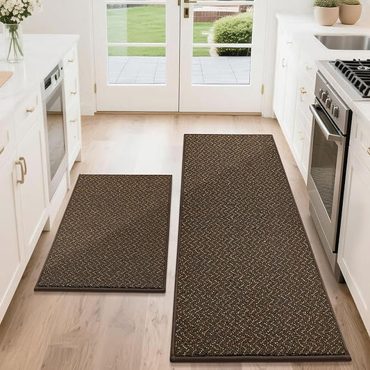 COSY HOMEER Kitchen Rugs Non Slip Washable 24"x36"+24"x60" Absorbent Kitchen Mats for Floor Stain Resistant Kitchen Runner Rug Sets of 2 Kitchen Floor Mats for Sink,Brown