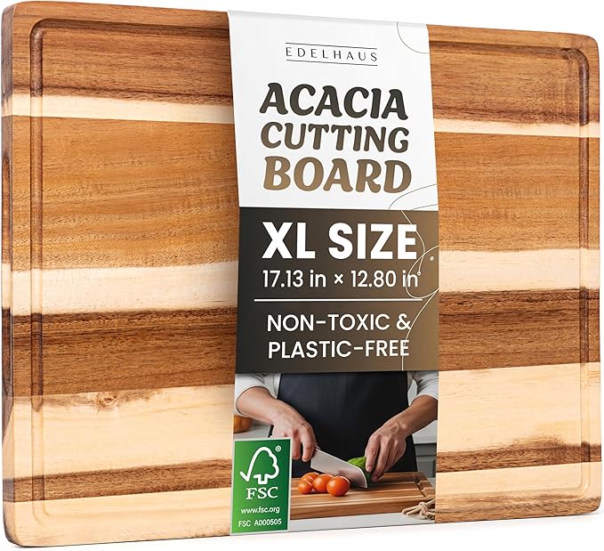 Acacia Wood XL Cutting Board for Kitchen, Large Cutting Board 17.1 × 12.8 - Wooden Chopping Boards with Juice Groove, Non-Toxic, Knife-Friendly & Durable – Housewarming Gift, Charcuterie & Meal Prep