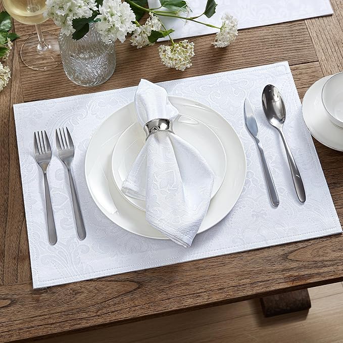 Elrene Home Fashions Caiden Elegance Damask Waterproof, Stain & Wrinkle Resistant Fabric Napkins (Set of 4), 17" x 17", White