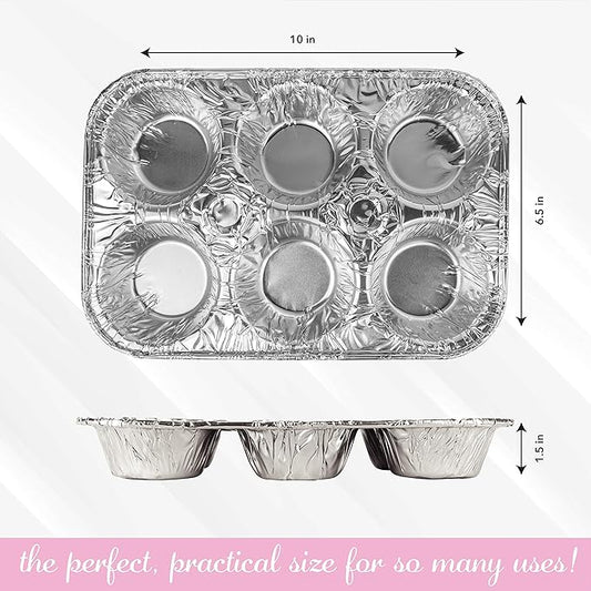 PLASTICPRO Aluminum Foil Muffin Pans Reusable and Disposable, Holds 6 Cupcakes/Muffin & Pie foil Pan Pack of 20