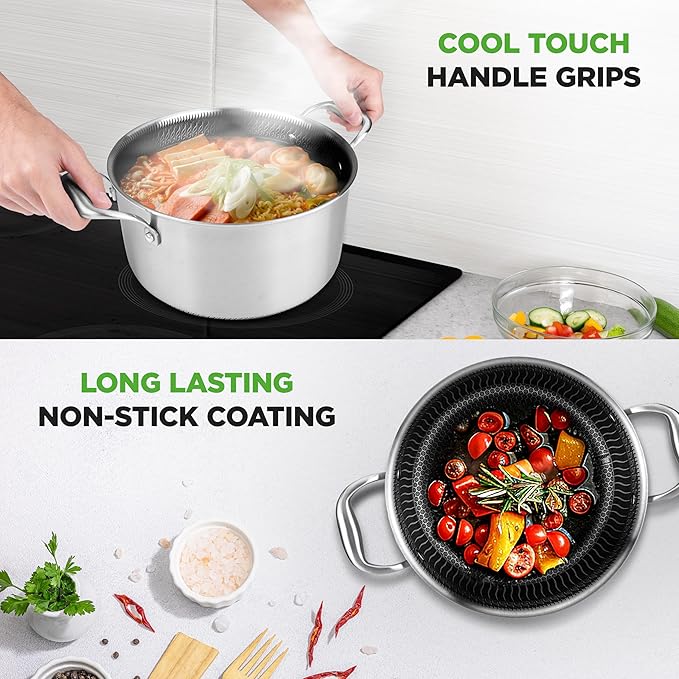 NutriChef 5 QT Stainless Steel Stew Pot - Triply Kitchenware Stew Pot with Glass Lid - DAKIN Etching Non-Stick Coating, Scratch-resistant Raised-up Honeycomb Fire Textured Pattern NC3PCAS