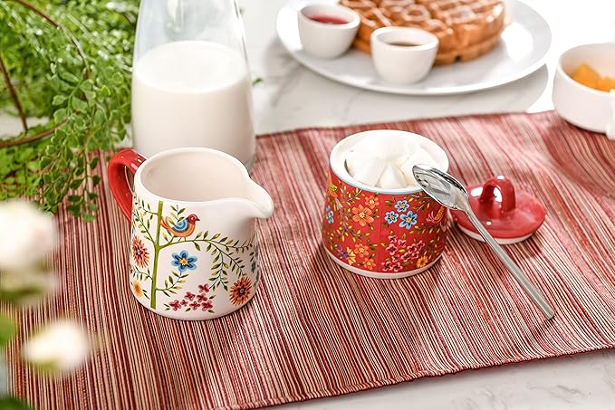 Bico Red Spring Bird Ceramic Sugar and Creamer Set, Sugar Bowl with Lid, Cute Container for Coffee Bar, Kitchen Countertop Accessories, Microwave and Dishwasher Safe