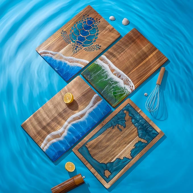LILKUISYN Acacia Wood Cutting Board With Blue Resin Wave & Sea Turtle Epoxy Resin Ocean Pan for Kitchen Meal Prep Serving Tray Versatile Cheese & Charcuterie Board for Meat Vegetable Gift 15*10 inch