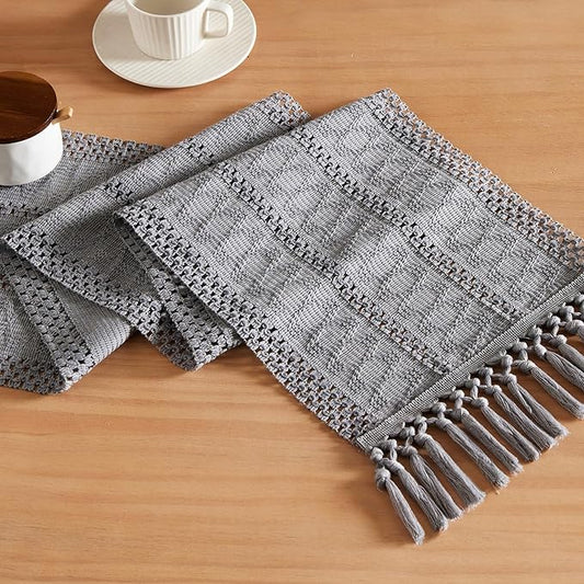 ZeeMart Macrame Style Boho Table Runner, Blue Grey Table Runners 90 Inches Long, Farmhouse Woven Home Decor, 12x90 Inch, Light Blue Grey