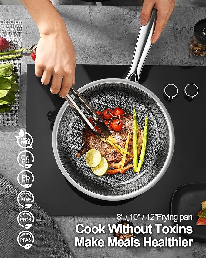 Fogdream 8"10"12" Non Stick Frying Pans, Stainless Steel Skillet with Lid, Tri-Ply Stainless Steel for All Cooktops, Dishwasher and Oven-Safe Cooking Pan, Stay-Cool Handle, Silver