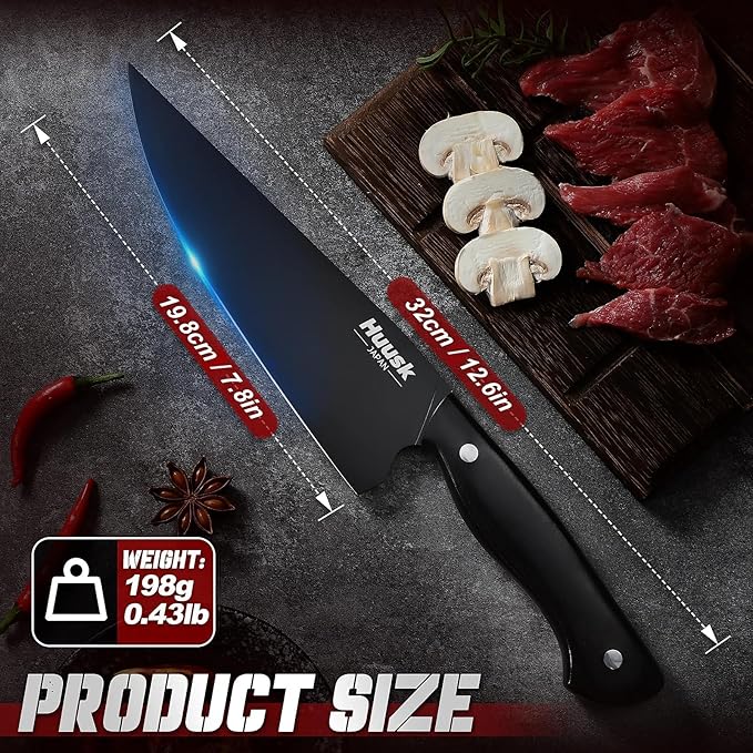 Huusk Japanese Chef Knife for Kitchen - 8in Stainless Kitchen Knife with Black Titanium Coating, All Purpose Cooking Knives for Vegetable & Meat Cutting, Ultra Sharp Gyuto Knives, Men's Christmas Gift