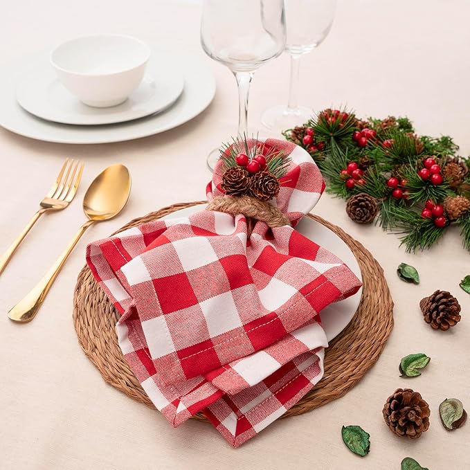 Blue Needles Gingham Buffalo Plaid Cloth Napkins 100% Cotton Set of 12 Dinner Table Napkins 18x18 inch Soft, Reusable, Washable Perfect for Valentine's Day Parties & Everyday Use - Red & White
