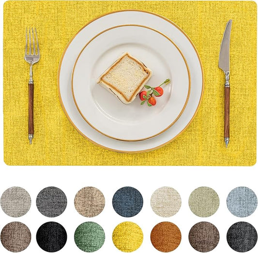Romanstile Vinyl Placemats Set of 4-12 X 17 Inch - Heat Resistant Place Mats 100% Waterproof Oilproof Wipeable Reversible Faux Leather Table Mats for Kitchen, Dining, Party, Outdoor, Yellow