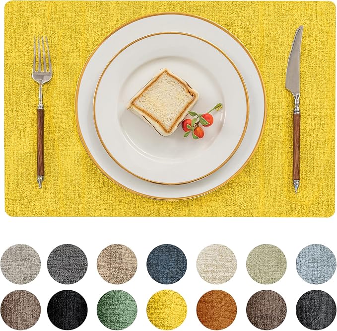 Romanstile Vinyl Placemats Set of 6-12 X 17 Inch - Heat Resistant Place Mats 100% Waterproof Oilproof Wipeable Reversible Faux Leather Table Mats for Kitchen, Dining, Party, Outdoor, Yellow
