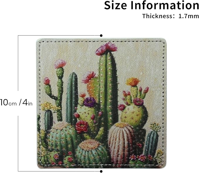 Marble Coasters Square Leather Drinks Coaster Set with Holder for Coffee Table Bar Home Decor 4 Inches Set of 6 (Cactus, One Size)