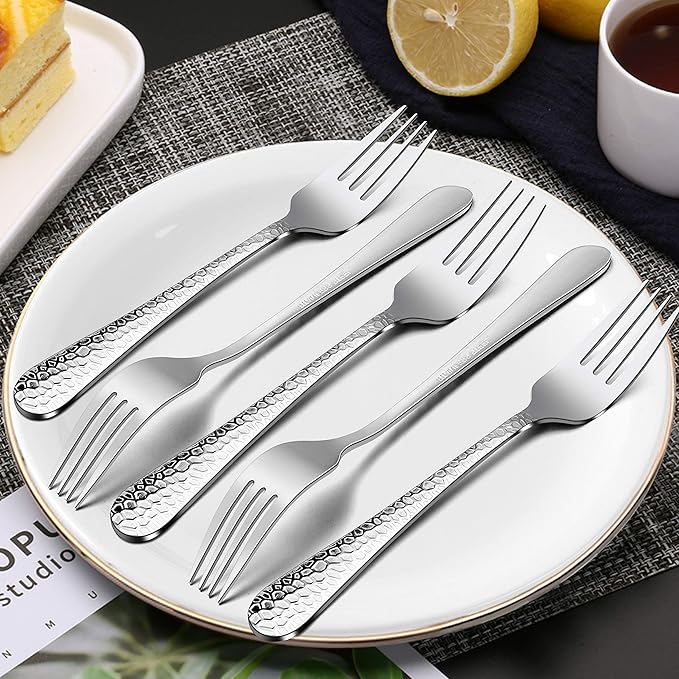 Hammered Dinner Forks Set, E-far 6-Piece Stainless Steel Salad Flatware Forks Use for Home, Kitchen, Restaurant, Round Edge & Mirror Polished, Dishwasher safe - 7.9 Inches