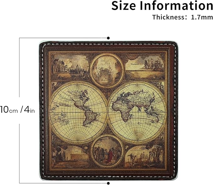 Marble Coasters Square Leather Drinks Coaster Set with Holder for Coffee Table Bar Home Decor 4 Inches Set of 6 (Old World Maps, One Size)