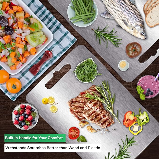 Stainless Steel Cutting Boards for Kitchen - 304 Stainless Steel Food Grade, Double-Sided Non Toxic Cutting Board, Metal Chopping Boards for Meat, Fruit, Vegetables, Easy to Clean, M 13.4“ * 9”