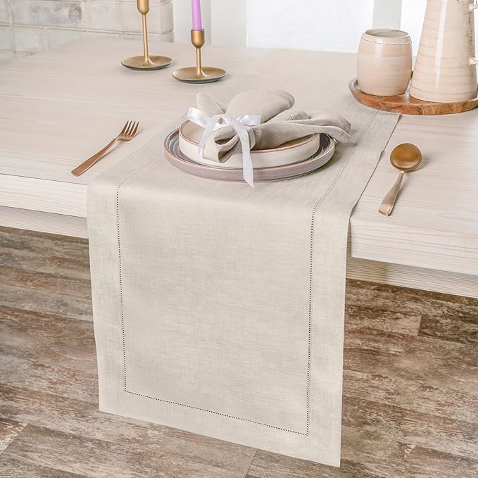 D'Moksha Homes Linen Light Natural Table Runner 60 Inches - Classic Hemstitch, 100% Pure Linen Coffee Table Runner 14 x 60 Inch Ideal for Dresser Tables, Valentines, Spring, Easter