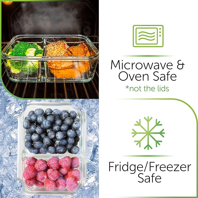 Prep Naturals 36oz Glass Meal Prep Containers - Airtight Glass Food Storage Containers with Lids - Dishwasher, Microwave & Oven Safe Meal Prep Bowls - Pack of 5, 36 Oz, 2-Compartment, Clear