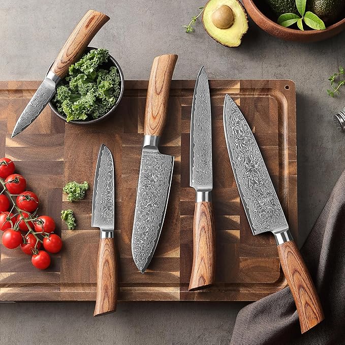 Wakoli EDIB Pro 5-Piece Damascus Knife Set – Professional Chef Knives Set with VG10 Core Blades, 67-Layer Damascus Steel and Ergonomic Pakkawood Handles – Premium Kitchen Knives in Wooden Gift Box