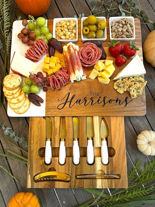 Quartz & Acacia Modern Charcuterie Board Set 16 pcs Laser Engraved Cheese Board And Knife Set Realtor Closing gift Custom Christmas Wedding