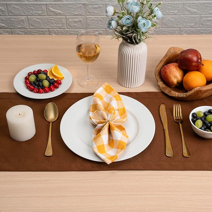 Blue Needles Gingham Buffalo Plaid Cloth Napkins 100% Cotton Set of 12 Dinner Table Napkins 18x18 inch Soft, Reusable, Washable Ideal for Wedding Parties Everyday Use - Golden Yellow & White