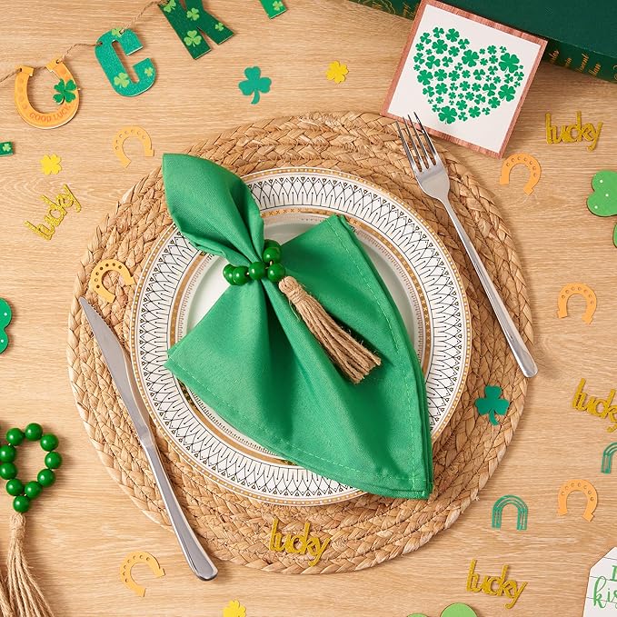 APTWOW Napkin Rings Set of 12, Green Wooden Bead Napkin Rings for Table Decor, St Patricks Day Farmhouse Napkins Rings for Boho Table Decor, Spring Banquet, Wedding, Holiday Dinner Party, Easter