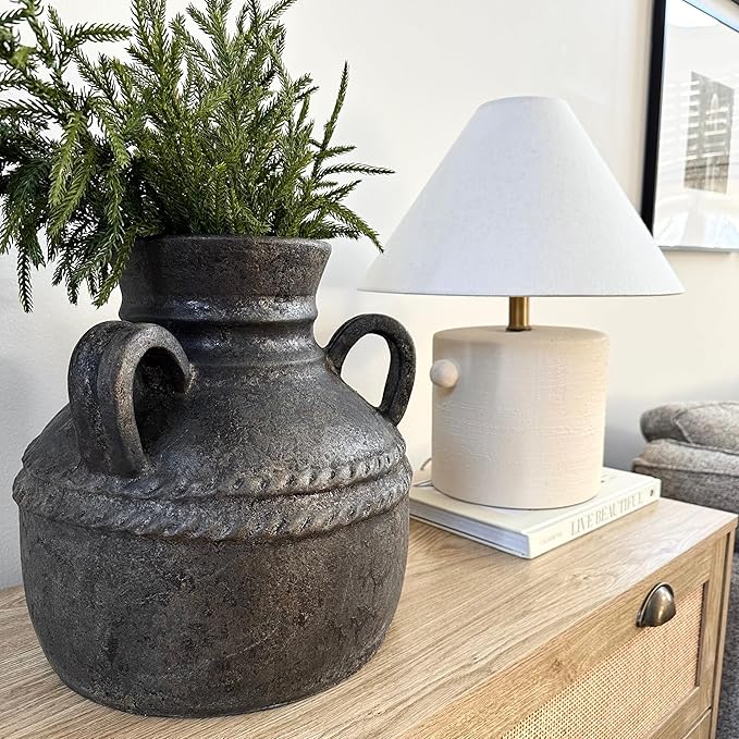 Terracotta Triple Handle Vase for Living Room Decor - Casual Home Decor Accent for Entryway, Bedroom, and Office Shelf - Decorative Flower Vase for House and Dining Room Table - 12", Black
