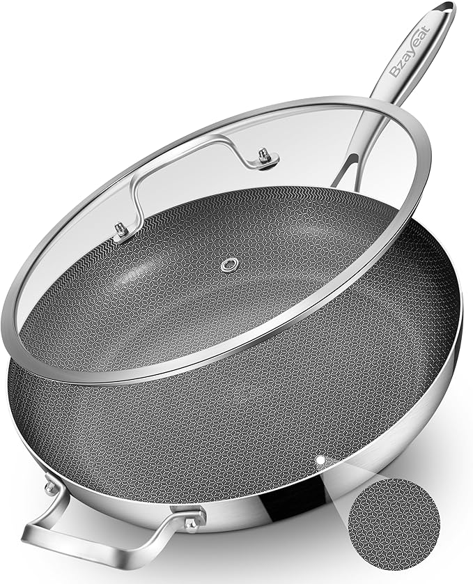 Bzayeat 14-Inch Nonstick Hybrid Frying Pan with Lid, Ceramic Coated Tri-Ply Stainless Steel Induction Chef's Pan, Large Skillet, PFOA Free, Oven & Dishwasher Safe for All Stoves, Detachable Handle