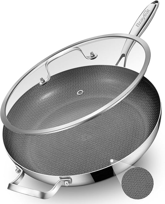 Bzayeat 14-Inch Nonstick Hybrid Frying Pan with Lid, Ceramic Coated Tri-Ply Stainless Steel Induction Chef's Pan, Large Skillet, PFOA Free, Oven & Dishwasher Safe for All Stoves, Detachable Handle