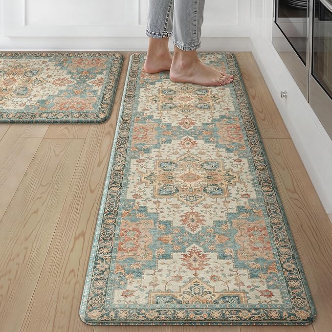 GENIMO Kitchen Mats for Floor 2PCs, Washable Anti Fatigue Mat for Cushioned, 17.3"x59"+17.3"x30", Waterproof Kitchen Rugs, Non Slip Comfort Standing Mat Rug for Home, Laundry, Lake Blue