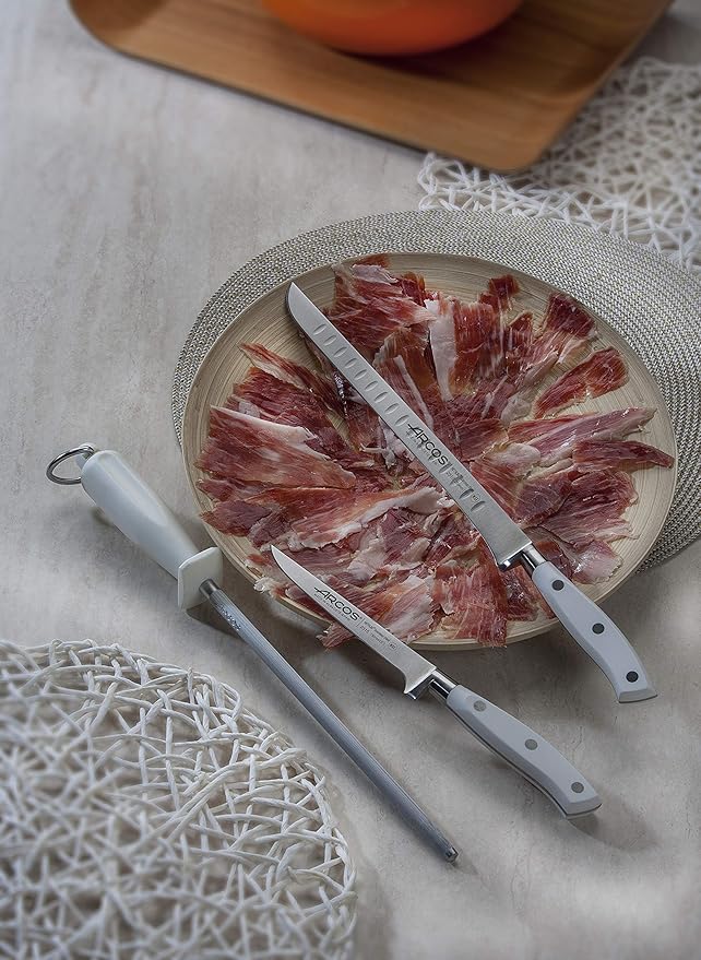 Arcos Forged 3 pieces - Nitrum Stainless Steel and mm blade.Professional Kitchen Knife for Cooking. 755 gr. Ergonomic Polyoxymethylene POM Handle. Series Riviera Blanc. Color White