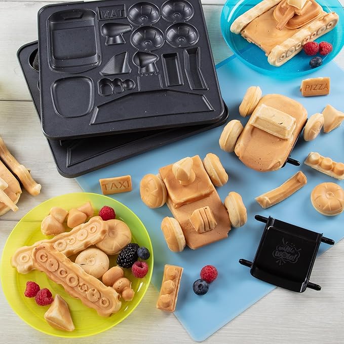 Auto Body Shop Waffle Maker- Mix & Match 20+ Custom Shaped Pieces to Build Cars, Trucks or Vehicles Out of WAFFLES! Breakfast Kids Adults Fun- Nonstick Quick Cleanup w 4 Removable Plates, Recipe Guide