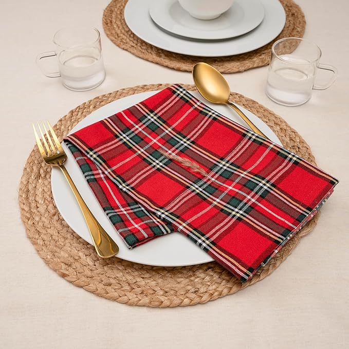 Blue Needles Buffalo Plaid Christmas Napkins - 100% Cotton Set of 12 Gingham Cloth Napkins 18x18 inches - Soft, Reusable & Washable, Ideal for Valentine's Parties & Everyday Use - Christmas Multi Red