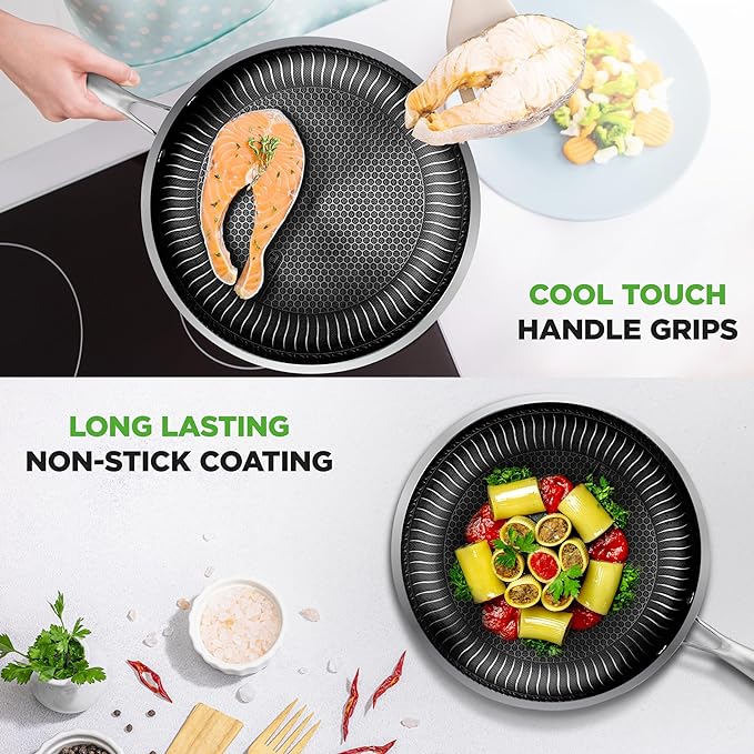 NutriChef 8-Piece Triply Cookware Set Stainless Steel - Triply Kitchenware Pots & Pans Set Kitchen Cookware, Non-Stick Coating - Sauce Pot, Stew Pot, Cooking Pot, Frying Pan, Lids - NC3PLY8Z