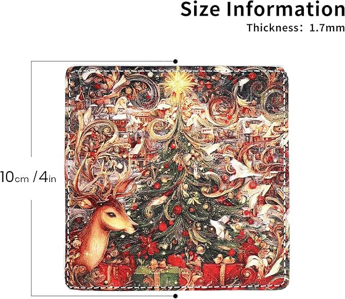 Christmas Coasters Square Leather Drinks Coaster Set with Holder for Coffee Table Bar Home Decor 4 Inches Set of 6