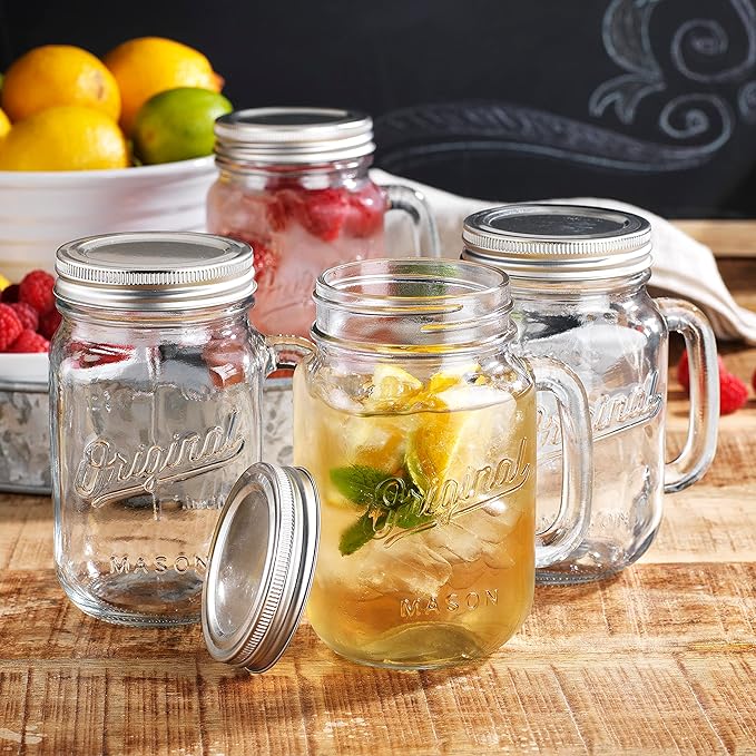 Glaver's Mason Jar 16 Oz. Glass Mugs with Handle and Lid Set Of 4 - Home Essentials & Beyond - Old Fashioned Drinking Glass Bottles Original Mason Jar Pint Sized Cup Set.