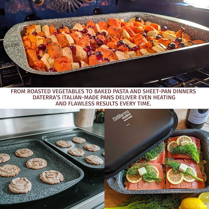 DaTerra Cucina Nonstick Baking Bundle – Roasting & Lasagna Pan, Twin Pack Ceramic Baking/Cookie Sheets, Dual Covered Roasting Pan Set – Made in Italy, Volcanic Black