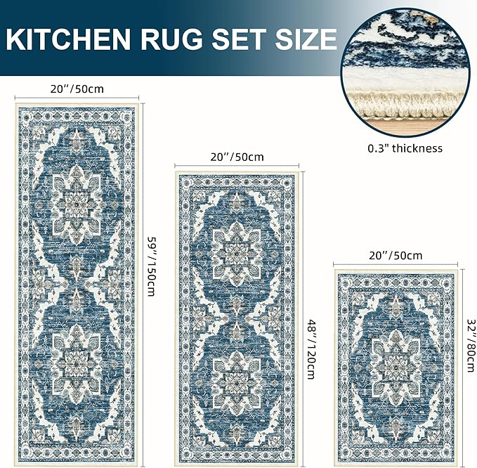 Tritard Non Slip Kitchen Rugs Sets of 3 Washable Kitchen Rug Boho Kitchen Mats for Floor Soft Kitchen Runner Rug Non Skid Kitchen Floor Carpet for Entryway Hallway Laundry Room, Blue