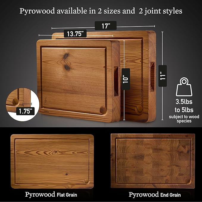 Cutting Board for Kitchen – Wood Cutting Board, Non-Toxic Butcher Block, Cutting Boards with Juice Groove & Handles, Charcuterie Board – 11" x 17" x 1.75" (Pyrowood)
