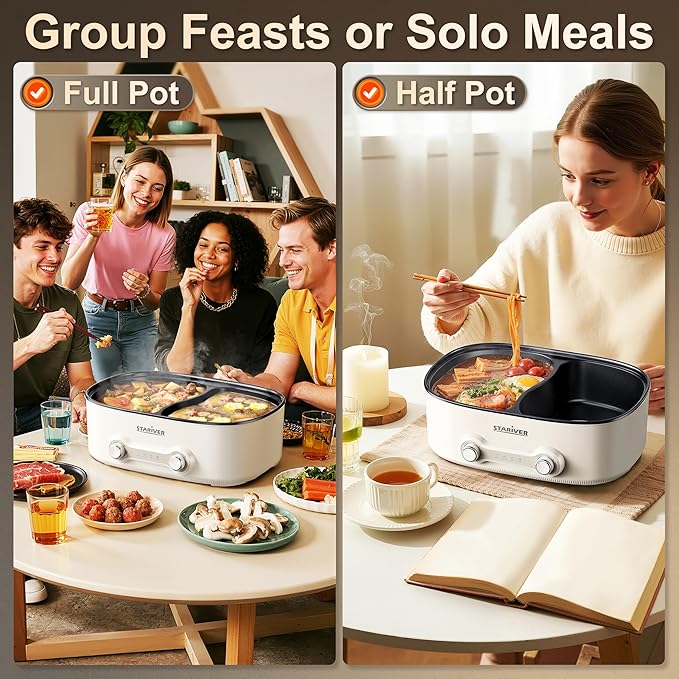Stariver 7L Electric Hot Pot with Divider, 1200W Electric Pot, 2-Temp Control (Separate Settings per Side) Shabu Shabu Pot, Non-Stick Hotpot Pot Electric, Perfect for Family Dinners & Parties