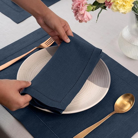 D'Moksha Homes Navy Blue Linen Napkins Set of 8 - Classic Hemstitch 100% Pure Linen Hemstitch Dinner Napkins 20 x 20 Inch for Easter - Handcrafted and Machine Washable