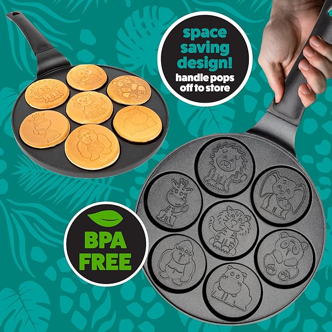 Animal Mini Pancake Pan- Make 7 Unique Flapjack Zoo Animals, Includes Elephant, Giraffe and More- Nonstick Pan Cake Maker Griddle for Morning Breakfast Fun & Easy Cleanup- Easter Basket Stuffer Gift