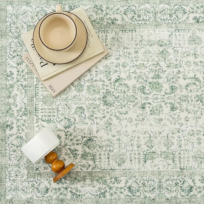 Sage Green Area Rug 4x6 Washable Office Entryway Carpet Vintage Distressed Non Slip Kitchen Indoor Entry Neutral Low Pile Retro Floral Farmhouse Throw Mat for Laundry Dining Room Bedroom