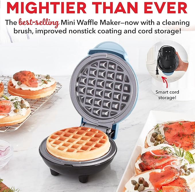 Dash Deluxe Mini Waffle Maker- Compact, Easy-to-Clean Breakfast Appliance - Convenient Cord Wrap - Cleaning Brush Included - 4-Inch - Dream Blue