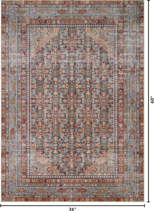Kuden 3x5 Small Rug, Machine Washable, Non-Slip Backing, Vintage Style, Soft, Low Pile, Area Rugs for Entryway Kitchen Indoor Entrance