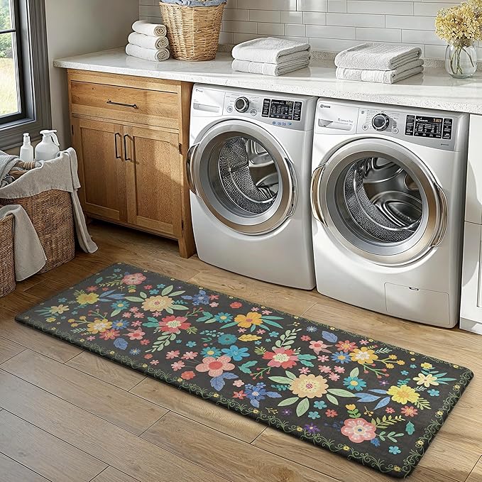 GENIMO Kitchen Mats for Floor, Cushioned Kitchen Rugs Non Slip Washable, Farmhouse Anti Fatigue Mat Waterproof, Comfort Standing Mat Rug for Office, Home, Sink, Laundry, Garage, 17.3"x70", Black