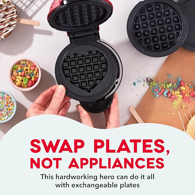 Dash MultiMaker® Mini System - Compact Waffle Maker for Family Breakfasts - Removable Griddle Plates & nonstick surface - 5 Plates - Red